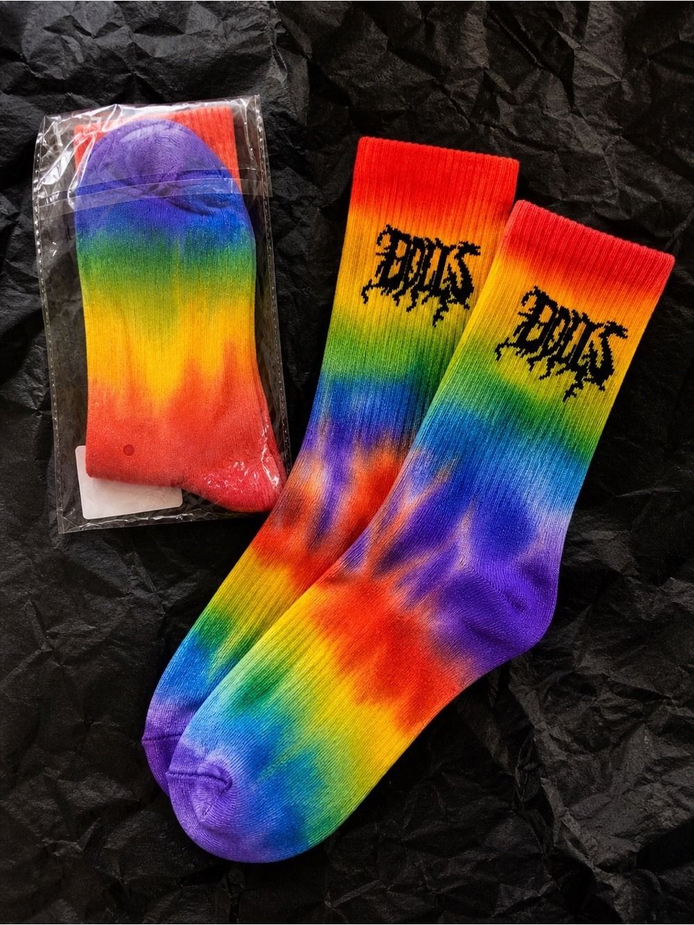 Rainbow Tie Dye Crew Socks Gothic Logo Streetwear Unisex One Pair One Size